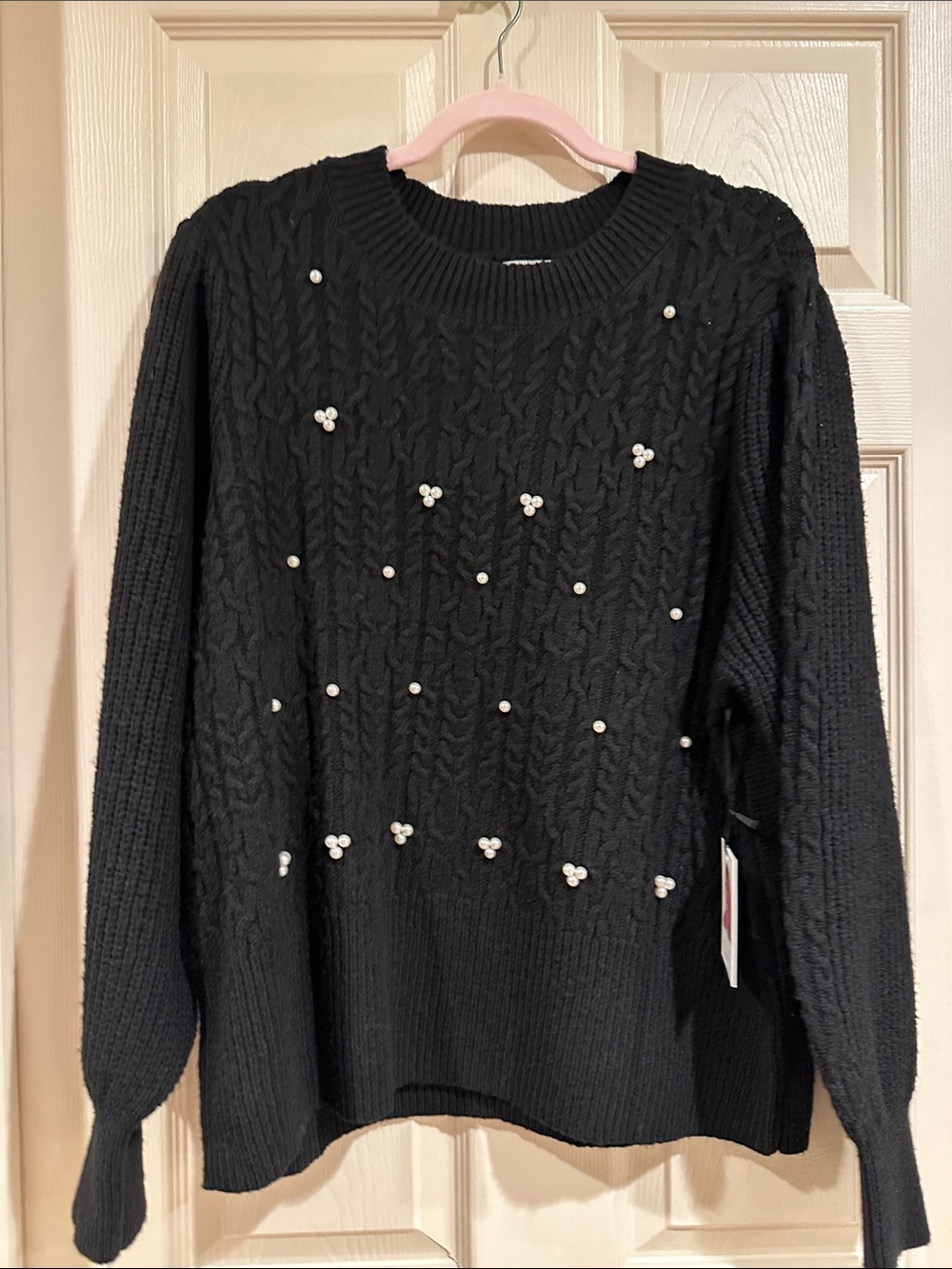 Jaclyn Smith Black Cable Knit Crewneck Sweater with Pearl Accents